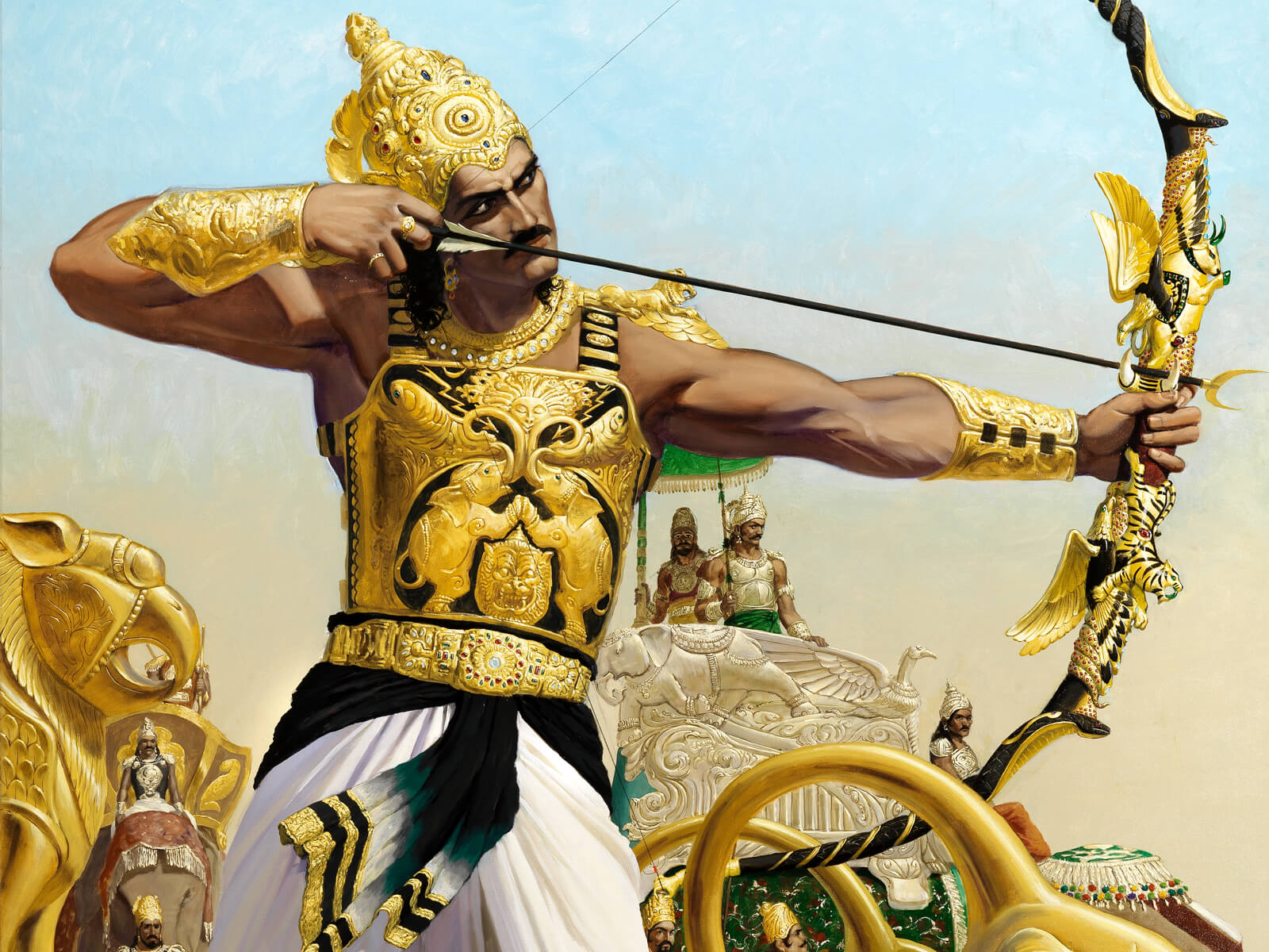 Картина с маслени бои, която показва митологичен стрелец, прицелващ се внимателно. Мъжът държи украсен лък със златни орнаметни, облечен е богато, бронята и шлемът му са златни.