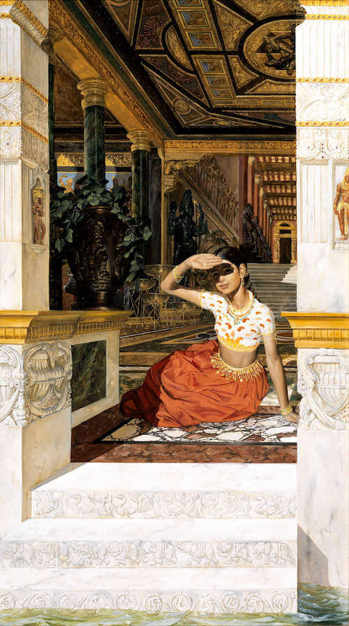 Painting of an indian woman under some shade looking at a remote location.